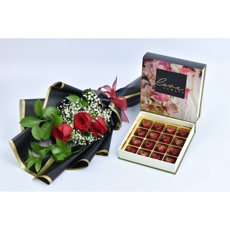 FNP 16 Pcs Premium Heart Chocolates with 3 Roses bouquet