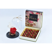 FNP 16 Pcs Premium Heart Chocolates with Red Forever Rose