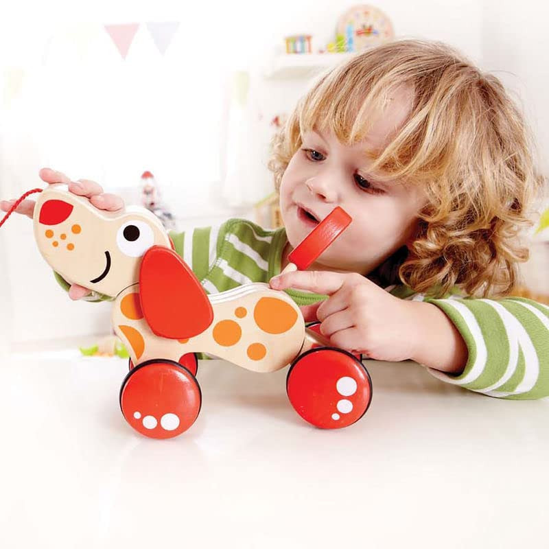 Hape Walk-A-Long Puppy Wooden Pull Toy by Hape | Award Winning Push Pull Toy Puppy For Toddlers Can Sit, Stand and Roll. Rubber Rimmed Wheels for Easy Push and Pull Action, Red