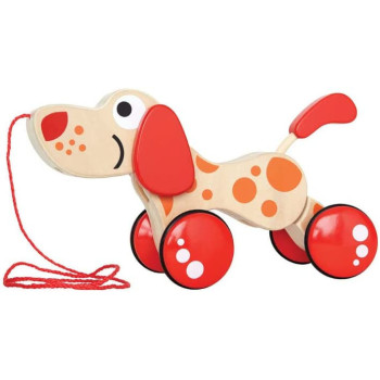 Hape Walk-A-Long Puppy Wooden Pull Toy by Hape | Award Winning Push Pull Toy Puppy For Toddlers Can Sit, Stand and Roll. Rubber Rimmed Wheels for Easy Push and Pull Action, Red