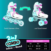 neon Yvolution Neon Combo Skates Quad and Inline 2-in-1 Adjustable Size Skates with LED Wheels, Outdoor Quad Roller Skates for Girls and Boys