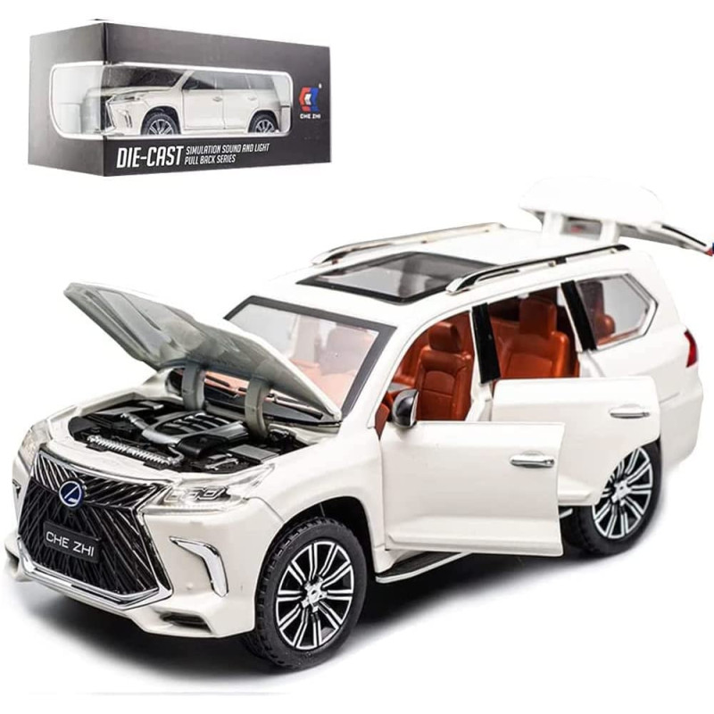 EROCK Exquisite car Model 1/24 Lexus 570 Off-Road in Luxury SUV Model Car, Zinc Alloy Pull Back Toy car with Sound and Light for Kids Boy Girl Gift (White)