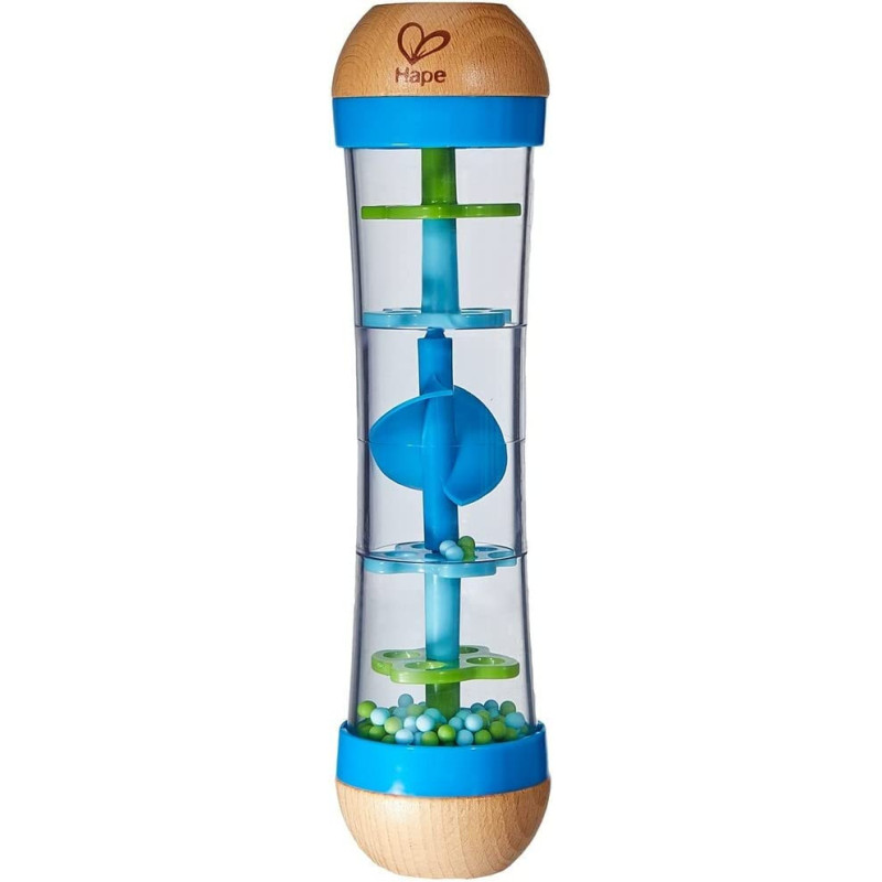 Hape Beaded Raindrops Mini Wooden Musical Shake & Rattle Rainmaker Toy, Blue,E0328B