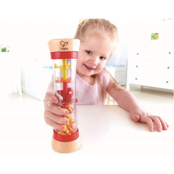Hape Beaded Raindrops Mini Wooden Musical Shake & Rattle Rainmaker Toy, Red
