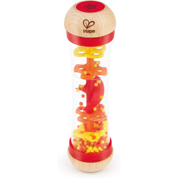 Hape Beaded Raindrops Mini Wooden Musical Toddler Instrument, Shake & Rattle Rainmaker Toy, Red