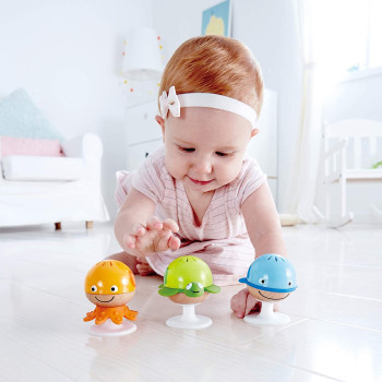 Hape E0330 Put-Stay Rattle Set Three Sea Animal Suction Rattle Toys, Baby Educational Toy Set