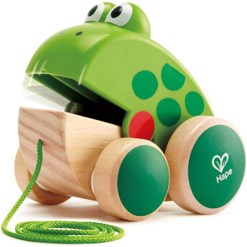 Hape Frog Pull Along. Wooden Frog Fly Eating Pull Toddler Toy, Green, L: 4.7, W: 3.8, H: 3.3 Inch, E0361