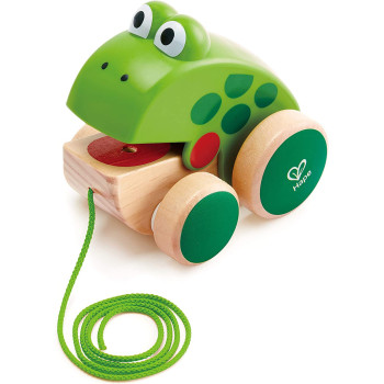 Hape Frog Pull Along. Wooden Frog Fly Eating Pull Toddler Toy, Green, L: 4.7, W: 3.8, H: 3.3 Inch, E0361