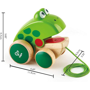 Hape Frog Pull Along. Wooden Frog Fly Eating Pull Toddler Toy, Green, L: 4.7, W: 3.8, H: 3.3 Inch, E0361