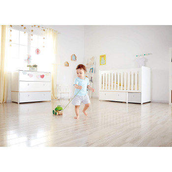 Hape Frog Pull Along. Wooden Frog Fly Eating Pull Toddler Toy, Green, L: 4.7, W: 3.8, H: 3.3 Inch, E0361