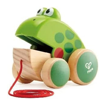 Hape Frog Pull Along. Wooden Frog Fly Eating Pull Toddler Toy, Green, L: 4.7, W: 3.8, H: 3.3 Inch, E0361