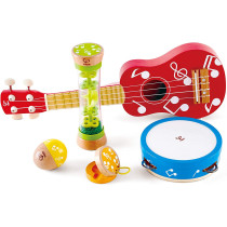 Hape Mini Band Instrument Set Five Piece Wooden Instrument Music Set For Kids Includes Ukulele, Tambourine, Clapper, Rattle and Rainmaker