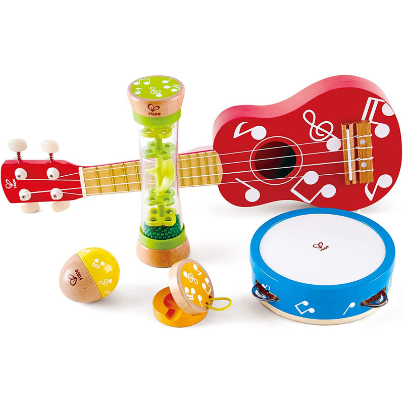 Hape Mini Band Instrument Set Five Piece Wooden Instrument Music Set For Kids Includes Ukulele, Tambourine, Clapper, Rattle and Rainmaker