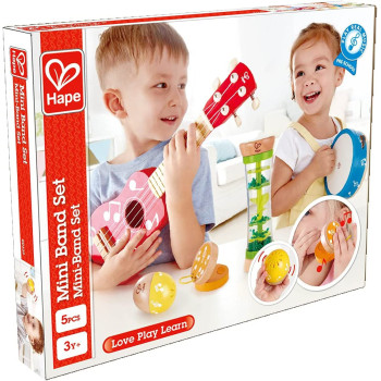 Hape Mini Band Instrument Set Five Piece Wooden Instrument Music Set For Kids Includes Ukulele, Tambourine, Clapper, Rattle and Rainmaker