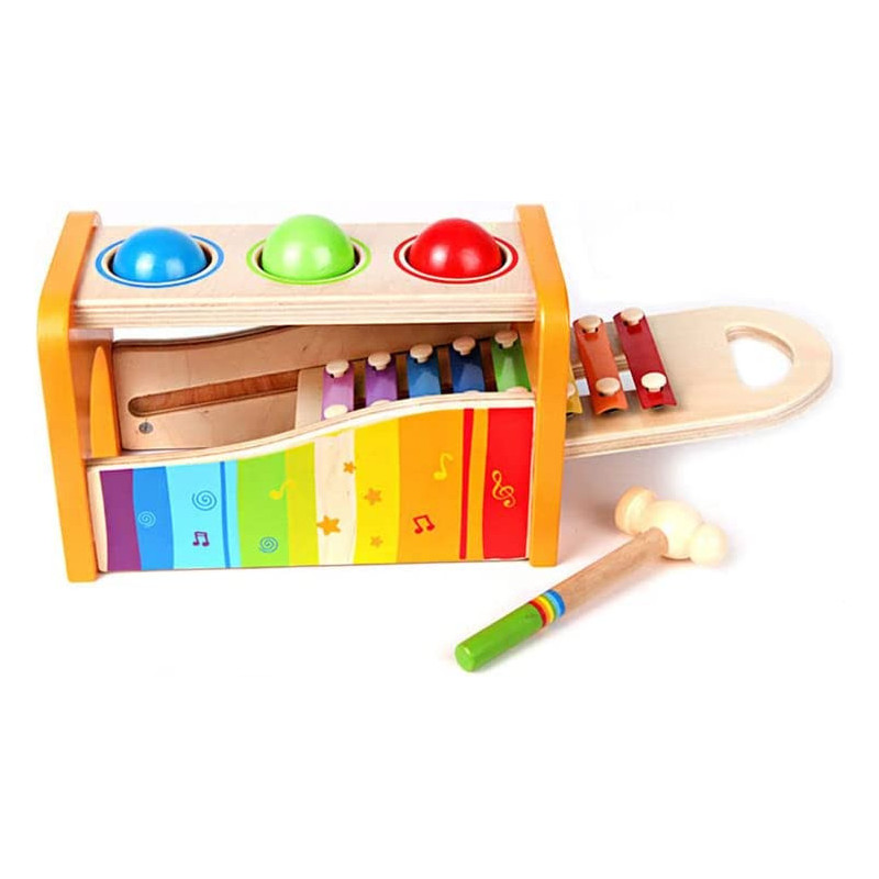 Hape Pound & Tap Bench With Slide Out Xylophone Award Winning Durable Wooden Musical Pounding Toy For Toddlers, Multifunctional And Bright Colours, Multi Color, 1, E0305