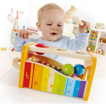 Hape Pound & Tap Bench With Slide Out Xylophone Award Winning Durable Wooden Musical Pounding Toy For Toddlers, Multifunctional And Bright Colours, Multi Color, 1, E0305