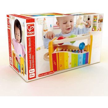 Hape Pound & Tap Bench With Slide Out Xylophone Award Winning Durable Wooden Musical Pounding Toy For Toddlers, Multifunctional And Bright Colours, Multi Color, 1, E0305