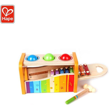 Hape Pound & Tap Bench With Slide Out Xylophone Award Winning Durable Wooden Musical Pounding Toy For Toddlers, Multifunctional And Bright Colours, Multi Color, 1, E0305