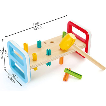 Hape Rainbow Pounder Pounding Bench Wooden Toy With Hammer Blue, Red, Orange, Green, Yellow, Wood, L: 9.1, W: 4, H: 4.2 Inch