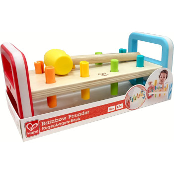 Hape Rainbow Pounder Pounding Bench Wooden Toy With Hammer Blue, Red, Orange, Green, Yellow, Wood, L: 9.1, W: 4, H: 4.2 Inch