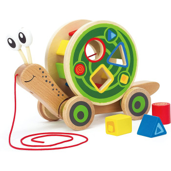 Hape Walk A Long Snail Pull Toy |Award Winning Toddler Wooden Push And Pull Toy With Removable Color Coded Shape Sorter Shell, Fun Educational Toy For Kids