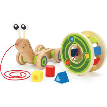 Hape Walk A Long Snail Pull Toy |Award Winning Toddler Wooden Push And Pull Toy With Removable Color Coded Shape Sorter Shell, Fun Educational Toy For Kids