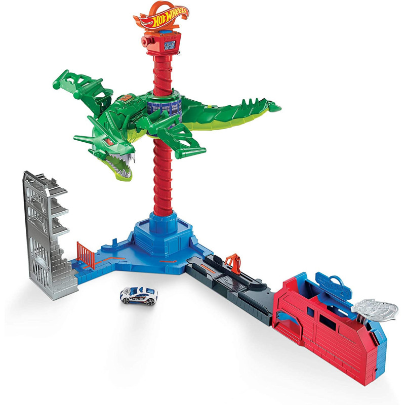 Hot Wheels City Air Attack Robo Dragon Play Set Motorized with Different Sounds and 1 Hot Wheels Car GJL13, Multicolour
