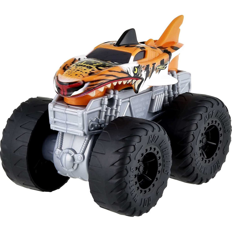 Hot Wheels Monster Roarin' Wreckers Tiger Shark Truck with Engine Revving & Crushing Noises, Cab Light, Plays Hero's Theme Song, Giant Wheels, Gift for Kids 3 Years & Up