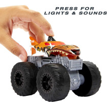 Hot Wheels Monster Roarin' Wreckers Tiger Shark Truck with Engine Revving & Crushing Noises, Cab Light, Plays Hero's Theme Song, Giant Wheels, Gift for Kids 3 Years & Up