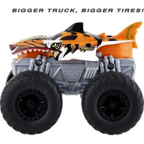 Hot Wheels Monster Roarin' Wreckers Tiger Shark Truck with Engine Revving & Crushing Noises, Cab Light, Plays Hero's Theme Song, Giant Wheels, Gift for Kids 3 Years & Up