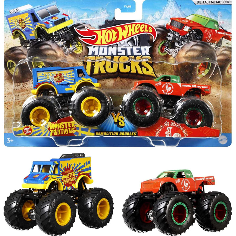 Hot Wheels Monster Trucks 1:64 Scale Die-Cast Demolition Doubles 2-Pack Assortment For Kids Age 3 - 8 Years Old, Collectible Toy Truck With Big Wheels For Crashing And Smashing Styles May Vary