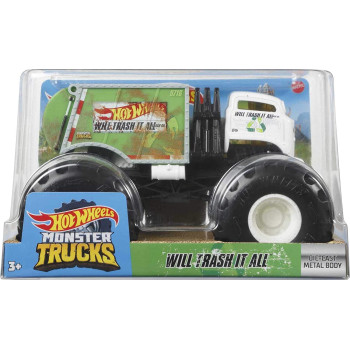 Hot Wheels Monster Trucks Will Trash It All 1:24 Scale Vehicles, Collectible Die-Cast Metal Toy Trucks with Giant Wheels & Stylized Chassis, Gift for Kids Ages 3 Years Old & Up