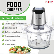 Flexy Electric Food Chopper Meat Chopper With Speed Control Safety Function 1.2L Glass Bowl 2 Stainless Steel Blades