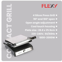 Flexy 2000W Contact Griddle 4 Slices Press Grill With Non-Stick Removable Plate