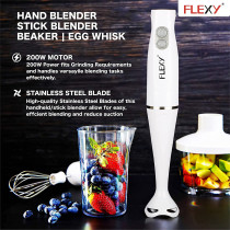 Flexy 200W Hand Blender With 500ml Chopper 500ml Beaker Whisk Stainless Steel Wand