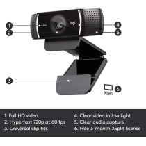 Logitech C922 Pro Stream Webcam (HD 1080P/30Fps Or Hd 720P/60FPS) - Black