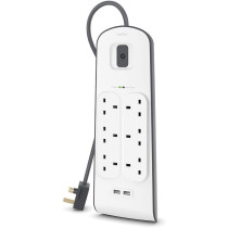 Belkin Belkin 6 Way/6 Plug Surge Protection Strip With 2 Meters Cord Length - Heavy Duty Electrical Extension Socket With 2 X 2.4 A Shared Usb Ports