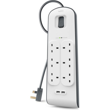 Belkin Belkin Bsv604Af2M6-Way Surge Protection Strip With 2 Meters Cord Length - Heavy Duty Electrical Extension Socket With 2 X 2.4 A Shared Usb Ports, Durable 14Awg Capacity With On/Off Switch - White