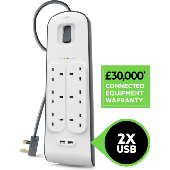 Belkin Belkin Bsv604Af2M6-Way Surge Protection Strip With 2 Meters Cord Length - Heavy Duty Electrical Extension Socket With 2 X 2.4 A Shared Usb Ports, Durable 14Awg Capacity With On/Off Switch - White