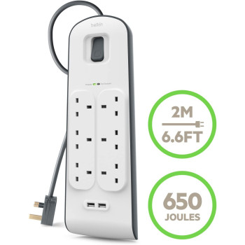 Belkin Belkin Bsv604Af2M6-Way Surge Protection Strip With 2 Meters Cord Length - Heavy Duty Electrical Extension Socket With 2 X 2.4 A Shared Usb Ports, Durable 14Awg Capacity With On/Off Switch - White
