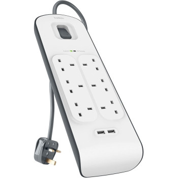 Belkin Belkin Bsv604Af2M6-Way Surge Protection Strip With 2 Meters Cord Length - Heavy Duty Electrical Extension Socket With 2 X 2.4 A Shared Usb Ports, Durable 14Awg Capacity With On/Off Switch - White