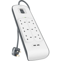 Belkin Belkin Bsv604Af2M6-Way Surge Protection Strip With 2 Meters Cord Length - Heavy Duty Electrical Extension Socket With 2 X 2.4 A Shared Usb Ports, Durable 14Awg Capacity With On/Off Switch - White