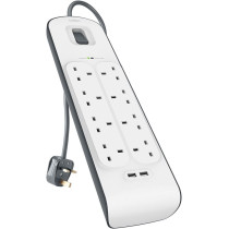 Belkin 8 Way/8 Plug Surge Protection Strip With 2 Meters Cord Length - Heavy Duty Electrical Extension Socket with 2 x 2.4 A Shared USB Ports