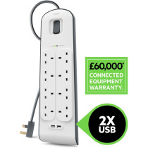 Belkin 8 Way/8 Plug Surge Protection Strip With 2 Meters Cord Length - Heavy Duty Electrical Extension Socket with 2 x 2.4 A Shared USB Ports