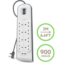 Belkin 8 Way/8 Plug Surge Protection Strip With 2 Meters Cord Length - Heavy Duty Electrical Extension Socket with 2 x 2.4 A Shared USB Ports
