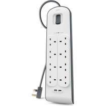 Belkin 8 Way/8 Plug Surge Protection Strip With 2 Meters Cord Length - Heavy Duty Electrical Extension Socket with 2 x 2.4 A Shared USB Ports
