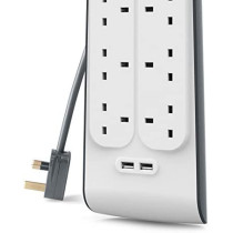Belkin 8 Way/8 Plug Surge Protection Strip With 2 Meters Cord Length - Heavy Duty Electrical Extension Socket with 2 x 2.4 A Shared USB Ports