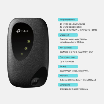 TP Link 4G LTE 150Mbps Mobile Wi Fi M7200 Mobile Hot Spot, Plug n Play 150Mbps 4G FDD/TDD LTE, Upto 10 devices, 2000mAh battery Compatible with all Sim Cards, Black