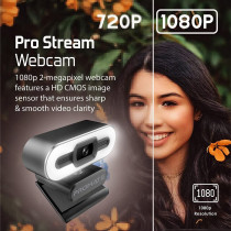 Promate Full Hd Web Camera, Premium Widescreen Video Calling 1080P Usb Webcam With Tripod, Noise Reduction Mic, Touch Control Led Light Modes And 90 Degree Wide-Angle For Pc/Laptop/Zoom, Procam-3