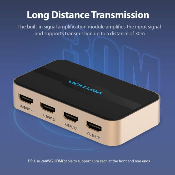 Vention HDMI Splitter 2K 4K@30hz 3D Splitter HDMI Switch Video and Audio distributor for HDTV PC Projector PS3 PS4 Xbox DVD (1 In 4 Out)